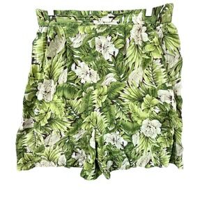 Quo-Silk Shorts Men Medium Green Tropical Hibiscus Pleated Hawaiian Beach Summer